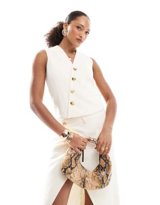 tailored asymmetric gold button vest in cream - part of a set-White