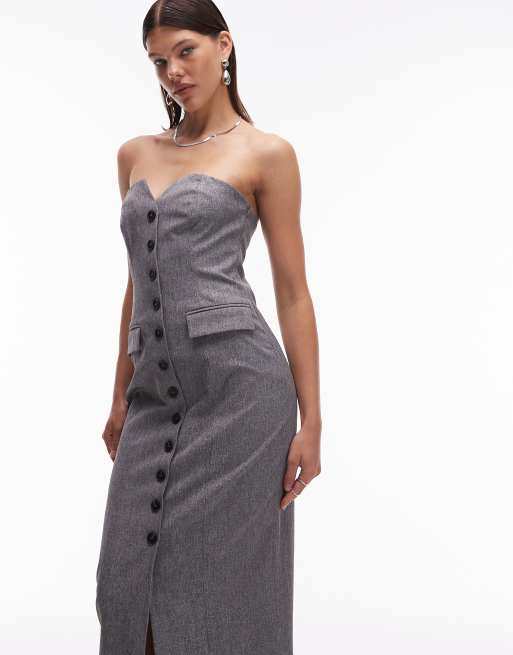 4th & Reckless tailored bandeau button front pocket detail midi dress in gray