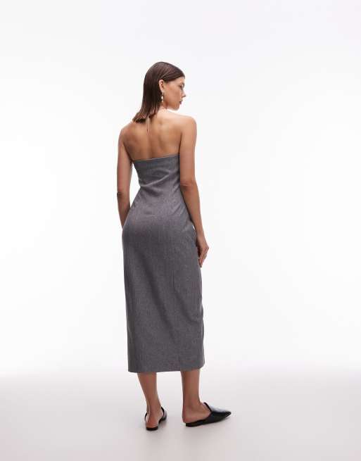 4th & Reckless tailored bandeau button front pocket detail midi dress in gray