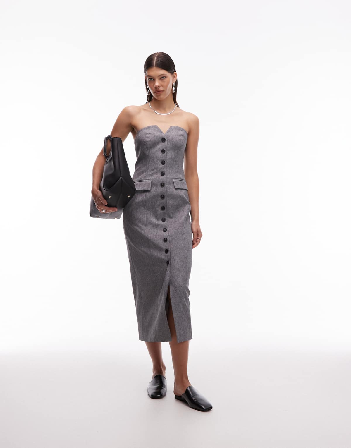 4th & Reckless tailored bandeau button front pocket detail midi dress in grey