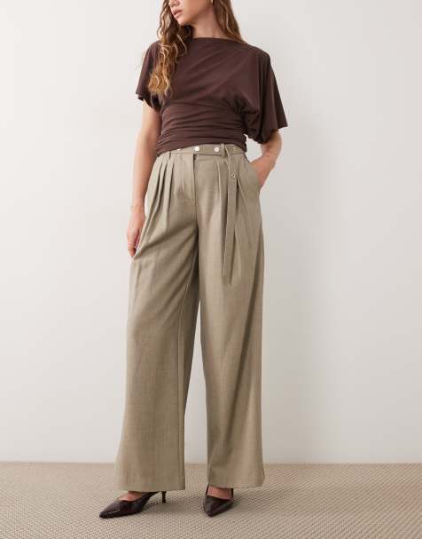 4th & Reckless tailored belted pleat front wide leg trousers in light grey marl - view 1
