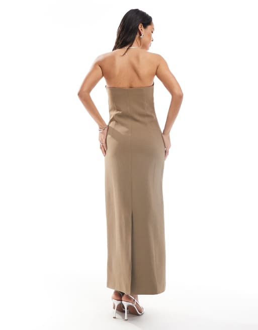 4th & Reckless tailored buckle detail bandeau maxi dress in khaki, 4 of 4