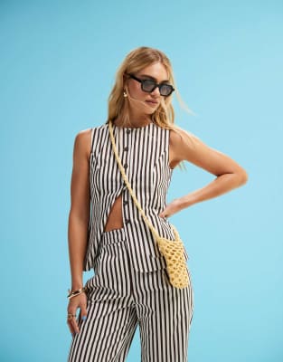 4th & Reckless 4th & Reckless tailored button through waistcoat top co-ord in brown stripe-Multi