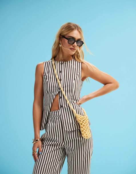 4th & Reckless tailored button up vest top in brown stripe - part of a set - view 1