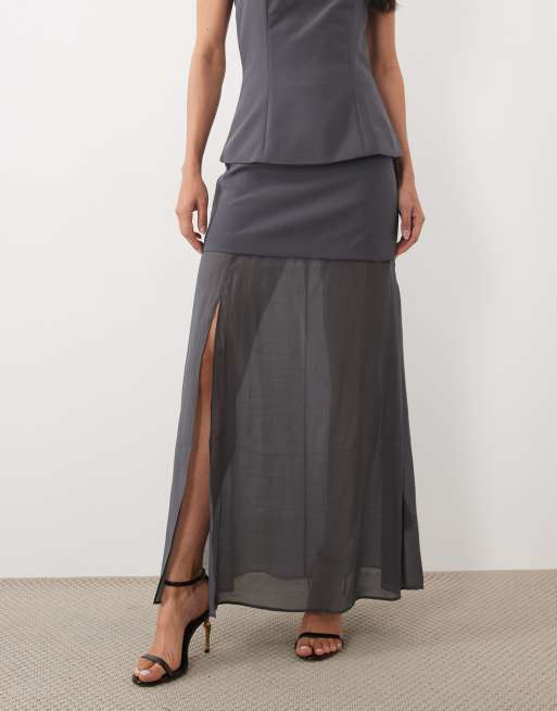 4th & Reckless tailored chiffon hem side split detail maxi skirt co-ord in grey, 5 of 5