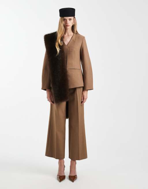 4th & Reckless tailored collarless cinched waist cocoon sleeve blazer in camel - part of a set, 2 of 4