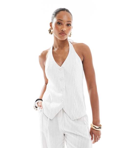 4th & Reckless tailored halterneck button through waistcoat in white pinstripe (part of a set) - view 1
