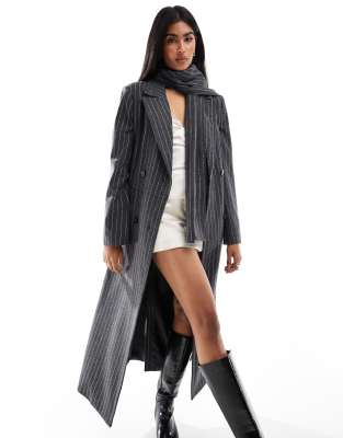 tailored maxi formal coat with matching scarf in gray pinstripe