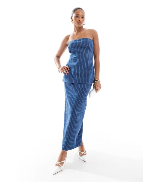 4th & Reckless tailored maxi skirt in denim blue pinstripe (part of a set) - view 1