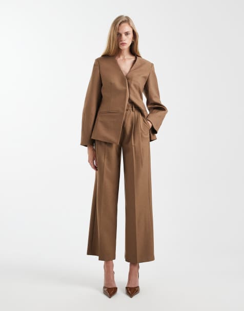 4th & Reckless tailored pleat front detail wide leg trousers co-ord in camel - view 1