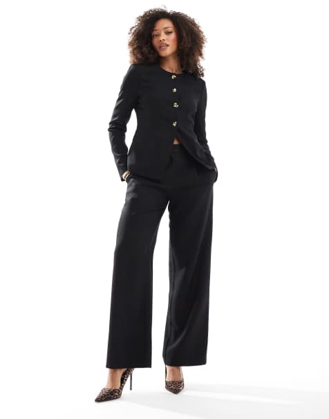 4th & Reckless tailored scoop neck gold button front split blazer and straight leg trouser co-ord in black - view 1