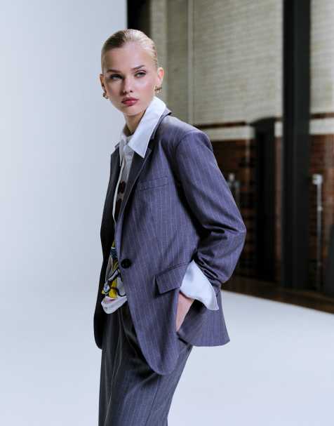 4th & Reckless tailored shoulder pad detailing cinched waist blazer in gray pinstripes - part of a set - view 1
