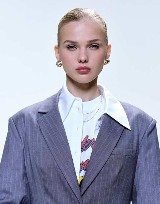 4th & Reckless tailored shoulder pad detailing cinched waist blazer in gray pinstripes - part of a set, 2 of 4