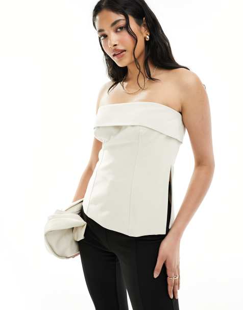 White Sequin Bandeau Corset Top, Tops