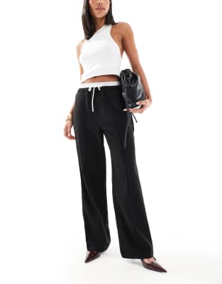 tailored straight leg ruched waistband pants in black