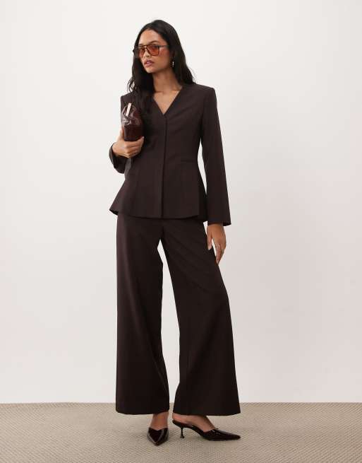 4th & Reckless collarless flare sleeve structured fitted waist blazer and pants set in eggplant, 2 of 3
