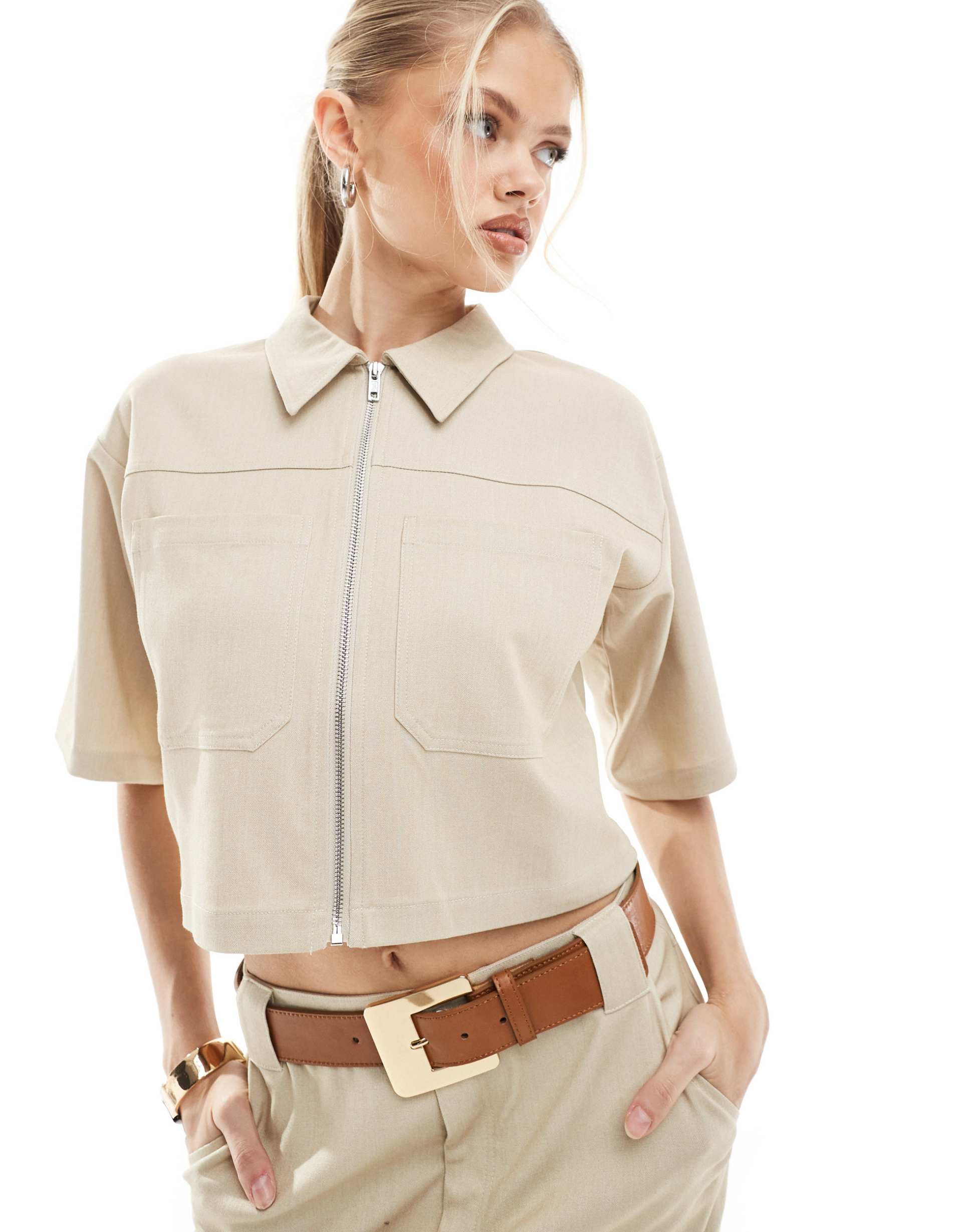 4th & reckless tailored zip up cropped boxy shirt in beige - part of a set