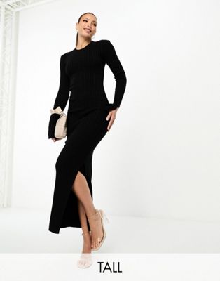 4th & Reckless Tall exclusive cable knit side split maxi jumper dress in black