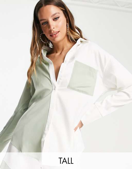 4th & Reckless Tall - Camicia color salvia ed écru color block in coordinato
