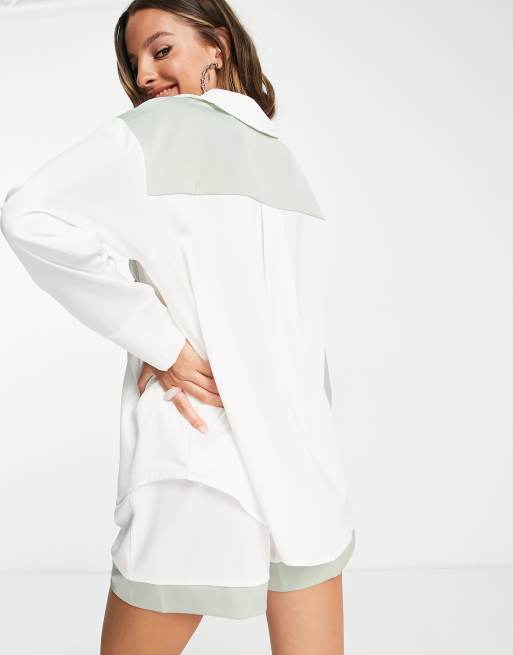 4th & Reckless Tall - Camicia color salvia ed écru color block in coordinato, 2 di 4