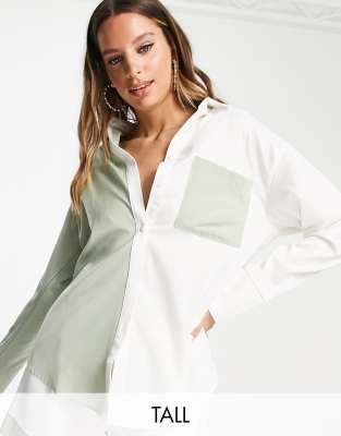 4th & Reckless Tall 4th & Reckless Tall colourblock shirt co ord in sage & ecru-Multi
