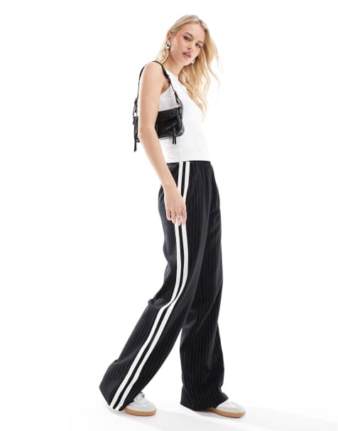 4th & Reckless Tall side stripe wide leg trousers in black pinstripe