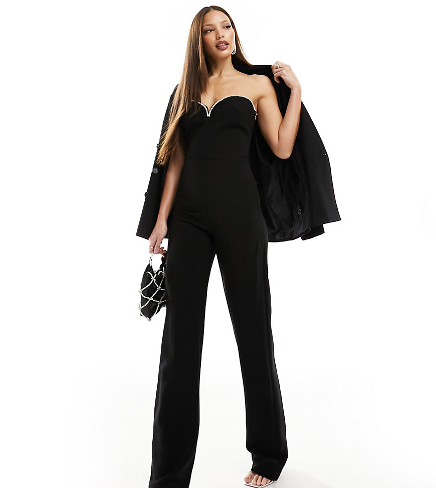 4th & Reckless Tall exclusive diamante trim sweetheart neckline flared jumpsuit in black