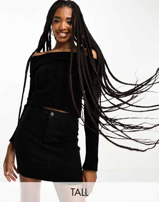 4th Reckless Tall exclusive knitted rib folded bardot top in black
