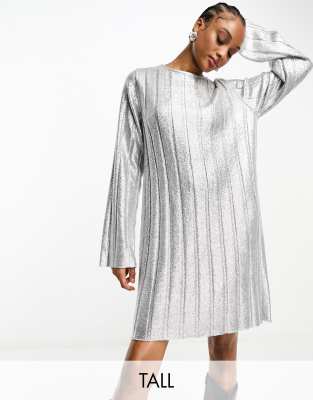 4th & Reckless Tall Exclusive Metallic Tie Back Mini Sweater Dress In Silver