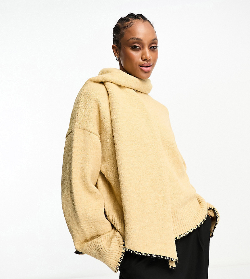 4th & Reckless Tall exclusive oversized contrast stitch jumper with scarf in camel-Neutral