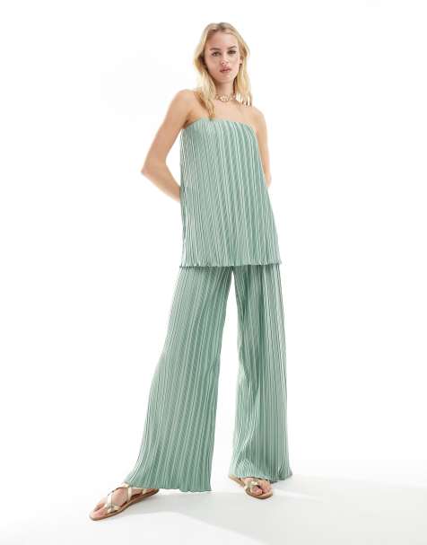 4th & Reckless Tall exclusive pleated wide leg trousers co-ord in sage - view 1
