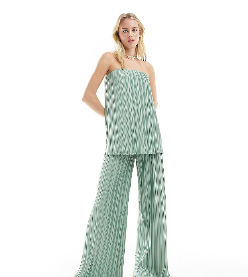 4th & Reckless Tall exclusive pleated wide leg trousers co-ord in sage-Black