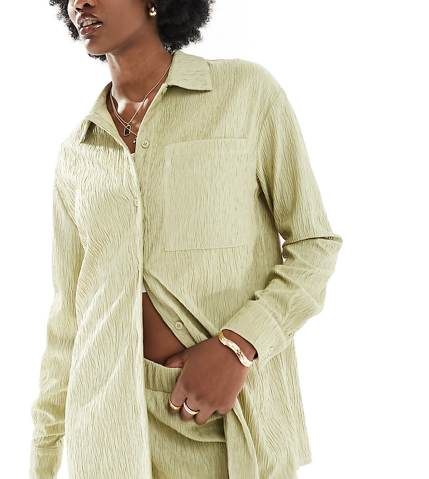 4th & Reckless Tall exclusive plisse oversized shirt co-ord in olive-Green