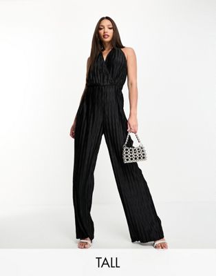 4th & Reckless Tall exclusive plisse plunge front halterneck wide leg jumpsuit in black - ASOS Price Checker