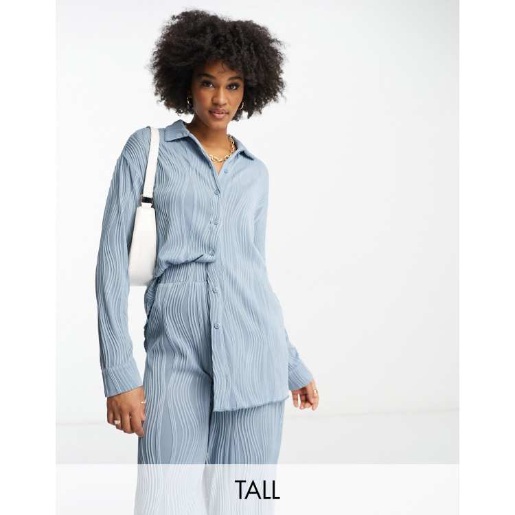 4th & Reckless Tall exclusive plisse shirt co-ord in blue