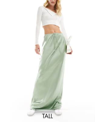 exclusive satin drawstring waist maxi skirt in sage green