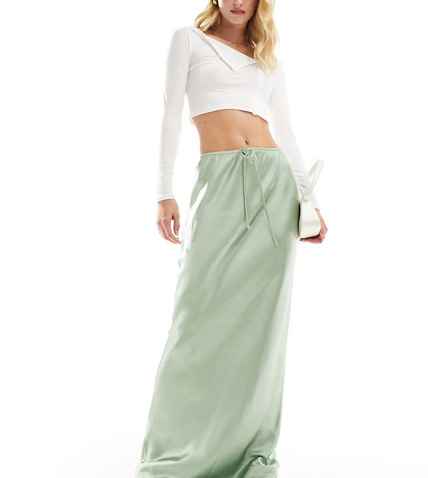 exclusive satin drawstring waist maxi skirt in sage green