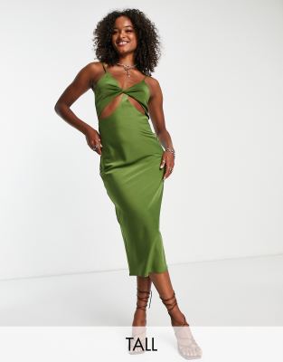 exclusive satin midi dress in khaki-Green