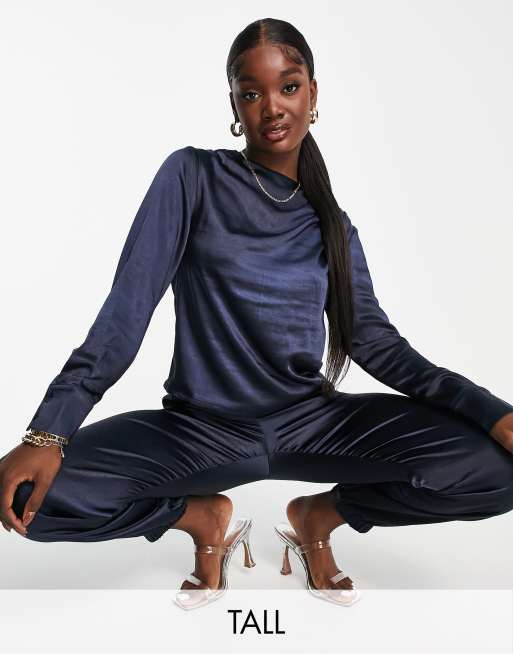 4th & Reckless Tall exclusive satin ruched long sleeve top in navy (part of a set)