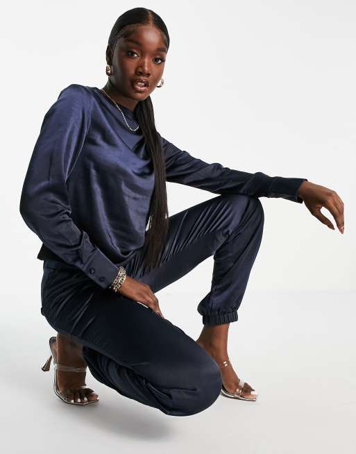 4th Reckless Tall exclusive satin sweatpants in navy part of a set