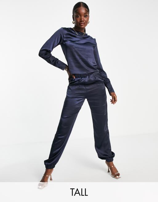 4th & Reckless Tall exclusive satin trackies in navy (part of a set)