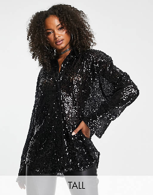 4th & Reckless Tall exclusive sequin shirt in black