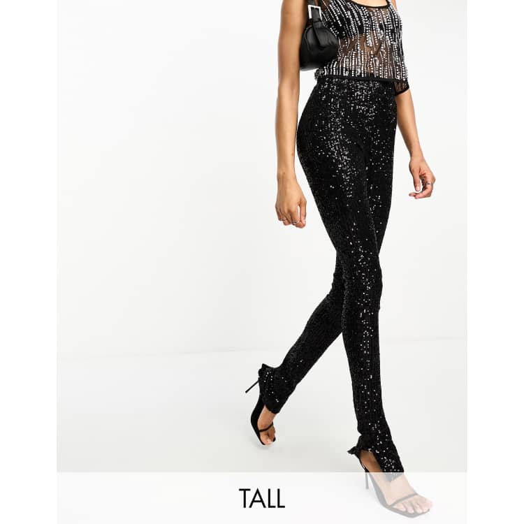 4th & Reckless Tall exclusive sequin split hem leggings in black