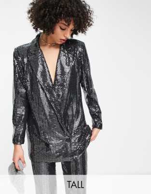 4th & Reckless Tall exclusive sequin tailored blazer co-ord in metallic silver