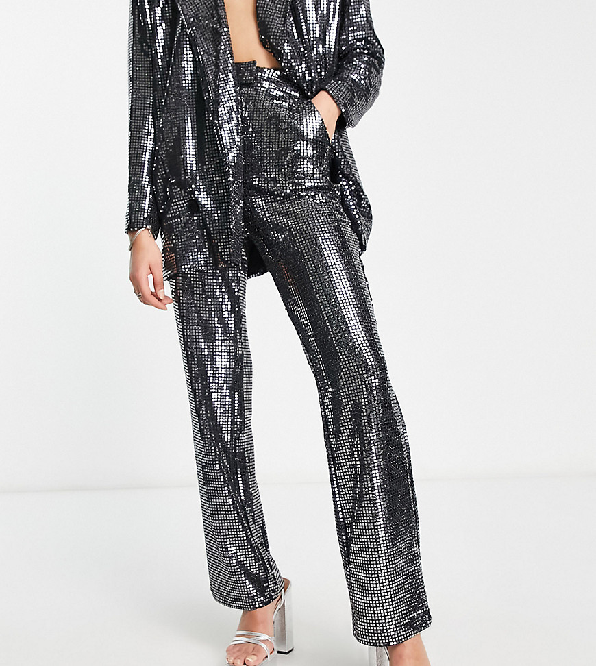 exclusive sequin tailored pants in silver - part of a set