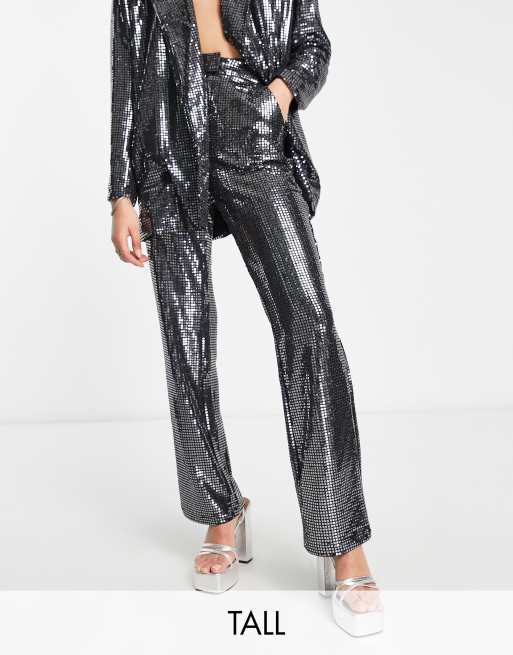 4th & Reckless Tall exclusive sequin tailored pants in silver