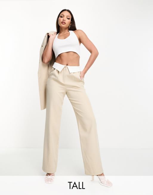 Cream Contrast Waistband Tailored Trousers