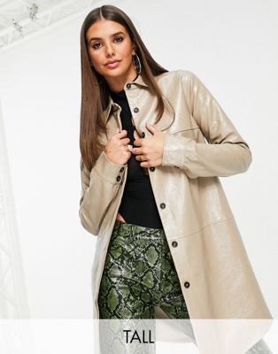 4th & Reckless Tall exclusive leather look shacket in stone - ASOS Price Checker