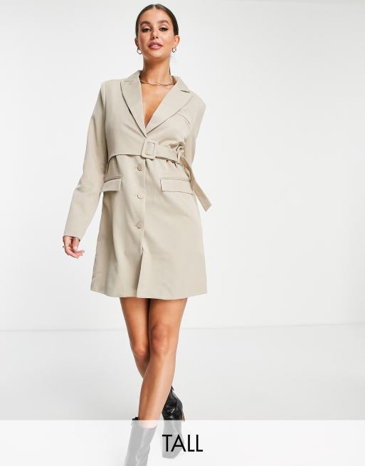 4th & Reckless Tall – Exklusivt – Beige kavajklänning i omlottdesign med knäppning