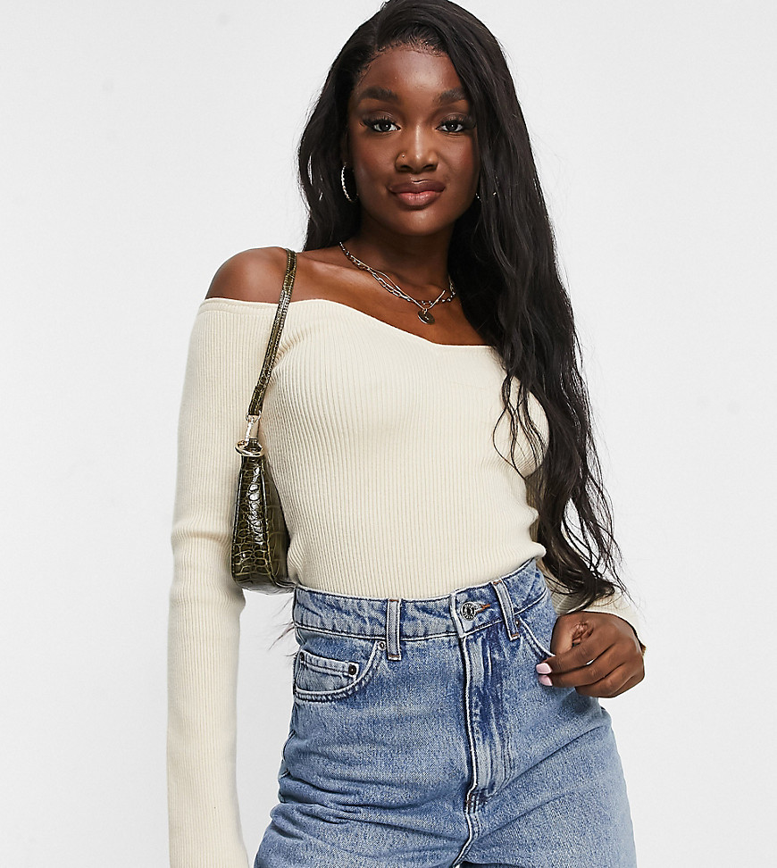 4th & Reckless Tall Knitted Off Shoulder Plunge Sweater In Cream-white